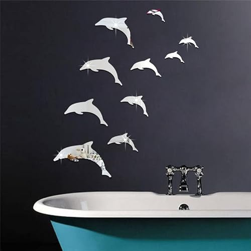 DUPU Wandspiegelaufkleber Acryl Netter Delphin Kombination Spiegel Effekt 3D Wandaufkleber Aufkleber Wohnkultur Badezimmer Aufkleber Silber von DUPU