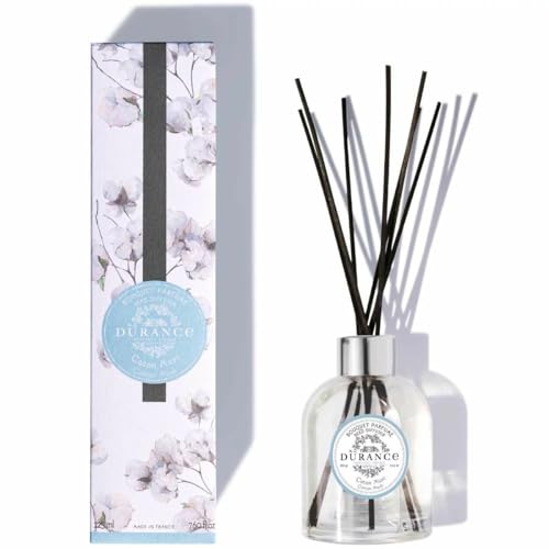 Durance Duftstäbchen-Diffusor, 225 ml, Duft: Baumwollmoschus, Duftbouquet-Glasflasche & 8 Rattanstäbchen, Aromatherapie-Lufterfrischer, Raumduft von DURANCE