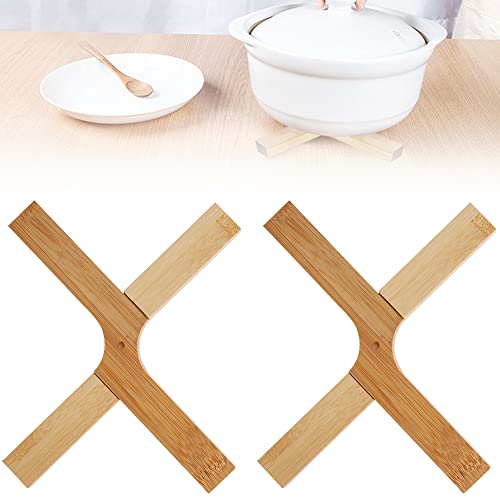 DURANTEY 2 Stück Untersetzer Topf 20 * 1.6cm Natürliche Waschbare Topfuntersetzer Hitzebeständig Natürliche Bambus Untersetzer Platzsparend Holz Topfuntersetzer Faltbar für Küche Topf von DURANTEY