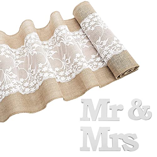 DURANTEY 2-teiliges Set Tischdecke Spitze 30 x 275cm Spitze Tischläufer Festival Juteband Tischband Jute Natürliches Juteband Tischläufer aus Sackleinen für Hochzeit Festival-Ereignis Tischdekoration von DURANTEY