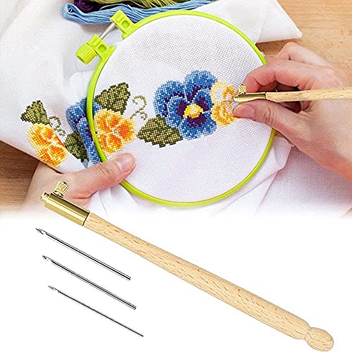 DURANTEY Tambour Haken Stickerei Pailletten Perlen Tambour Nadeln Sticken Set Punch Nadel Stanznadel Holzgriff Crochet Tool Stumpfe Needle Häkelnadeln Werkzeug für DIY Stickereien 3D-Sticken von DURANTEY