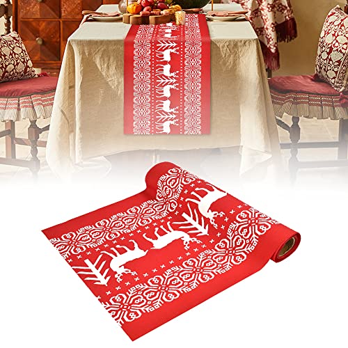 DURANTEY Weihnachten Tischläufer mit Weiss Rentier Muster Weihnachtsläufer Tisch 2.78M x 28CM Weihnachts Tischdecke Rot Weihnachtstischdecke Festliche Weihnachtstischläufer für Esstische Dekoration von DURANTEY