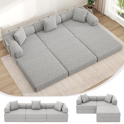 DURASPACE 298.5cm Klappbares Schlafsofa, Bodenschlafsofa mit festem Rahmen, übergroßes modulares Sofa für das Wohnzimmer, Keine Montage erforderlich (Chenille-Grau) von DURASPACE
