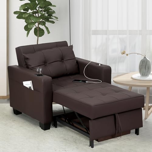 DURASPACE 3-in-1-Stuhl, ausziehbar Schlafstuhl Betten, verstellbar Einzelstuhl, Sofa-Bett mit USB-Anschlüssen, Seitentasche, Getränkehalter für kleinen Raum (Karamell) von DURASPACE