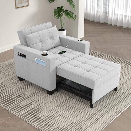 DURASPACE 93cm Schlaferstuhl, 3-in-1 umwandelbarer Stuhl Bett, ausziehbarer Schlafsessel, Schlafsofa mit USB-Anschlüssen, Seitentasche, Getränkehalter für kleinen Raum, Hellgrau von DURASPACE