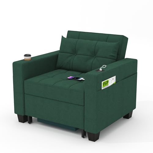 DURASPACE 99 cm Schlafsessel 3-in-1-Convertible-Stuhl-Bett, ausziehbare Schlafsessel-Betten, Verstellbarer Einzelsessel-Sofa-Bett mit USB-Anschlüssen, Seitentaschen für kleinen Raum (Grün) von DURASPACE
