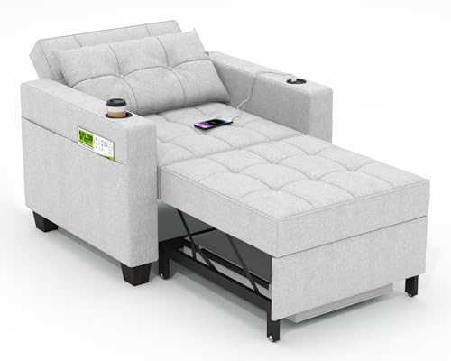 DURASPACE 99cm Schlaferstuhl, 3-in-1 umwandelbarer Stuhl Bett, ausziehbarer Schlafsessel, Schlafsofa mit USB-Anschlüssen, Seitentasche, Getränkehalter für kleinen Raum, Hellgrau von DURASPACE