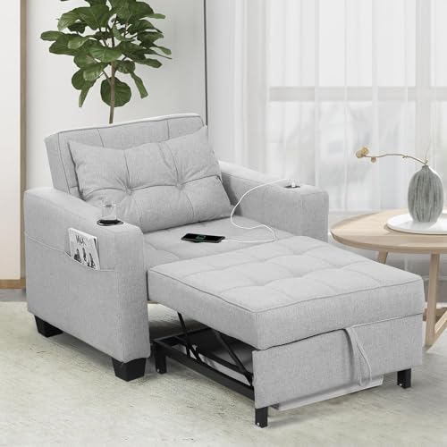 DURASPACE 99cm Schlaferstuhl, 3-in-1 umwandelbarer Stuhl Bett, ausziehbarer Schlafsessel, Schlafsofa mit USB-Anschlüssen, Seitentasche, Getränkehalter für kleinen Raum (Hellgrau) von DURASPACE