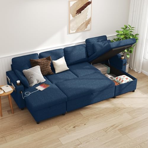 DURASPACE Ausziehbares Schlafsofa mit doppeltem Stauraum, U-förmiges, wandelbares Sektionalschlafsofa für Wohnzimmer mit USB-Ladeanschlüssen, Getränkehalter (Dunkelblau) von DURASPACE
