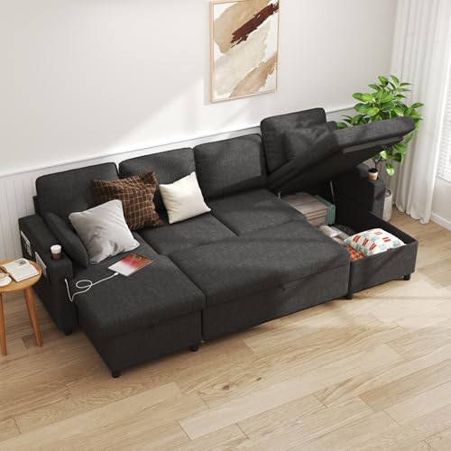 DURASPACE Ausziehbares Schlafsofa mit doppeltem Stauraum, U-förmiges, wandelbares Sektionalschlafsofa für Wohnzimmer mit USB-Ladeanschlüssen, Getränkehalter (Dunkelgrau) von DURASPACE