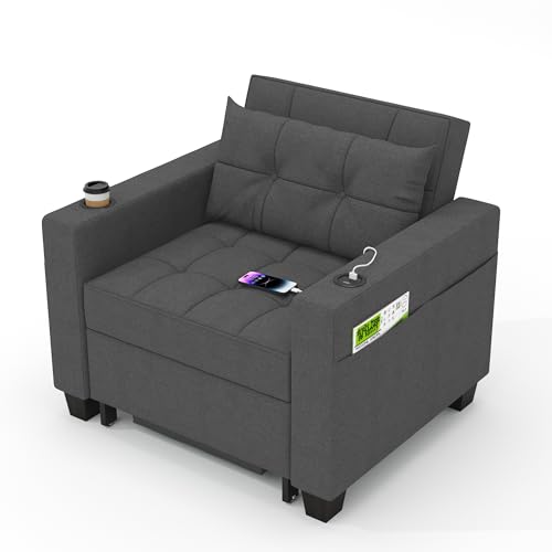 DURASPACE Schlafsessel 3-in-1-Convertible-Stuhl-Bett, ausziehbare Schlafsessel-Betten, Verstellbarer Einzelsessel-Sofa-Bett mit USB-Anschlüssen, Seitentaschen für kleinen Raum(Dunkelgrau) von DURASPACE