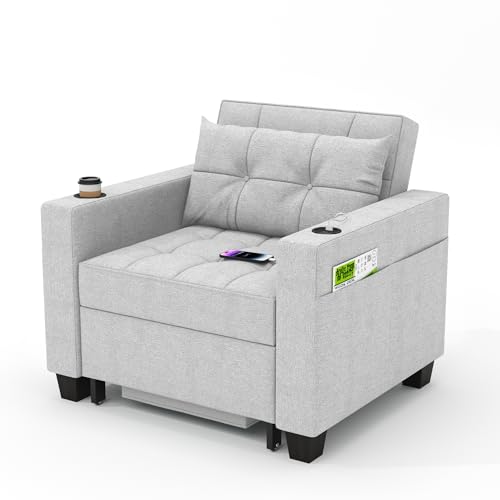 DURASPACE Schlafsessel 3-in-1-Convertible-Stuhl-Bett, ausziehbare Schlafsessel-Betten, Verstellbarer Einzelsessel-Sofa-Bett mit USB-Anschlüssen, Seitentaschen für kleinen Raum (Hellgrau) von DURASPACE