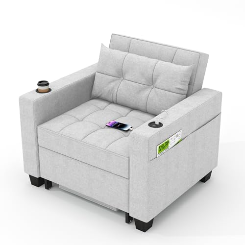 DURASPACE Schlafsessel 3-in-1-Convertible-Stuhl-Bett, ausziehbare Schlafsessel-Betten, Verstellbarer Einzelsessel-Sofa-Bett mit USB-Anschlüssen, Seitentaschen für kleinen Raum (Hellgrau) von DURASPACE