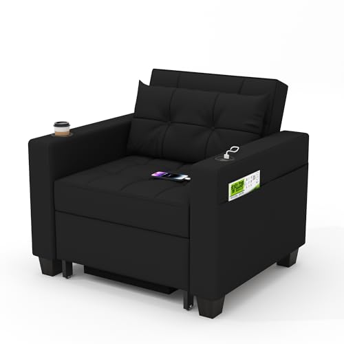 DURASPACE Schlafsessel 3-in-1-Convertible-Stuhl-Bett, ausziehbare Schlafsessel-Betten, Verstellbarer Einzelsessel-Sofa-Bett mit USB-Anschlüssen, Seitentaschen für kleinen Raum (Schwarz) von DURASPACE