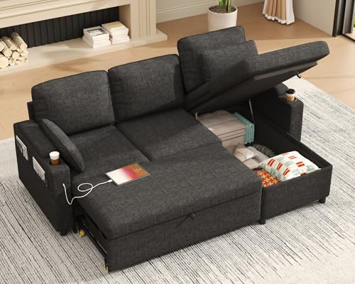 DURASPACE Schlafsofa ausziehbar 2 in 1 Sektional Schlafsofa Couches mit Lagerung, USB, Cup Holder, Pullout Sektional Couches für Wohnung Wohnzimmer (Dunkelgrau) von DURASPACE