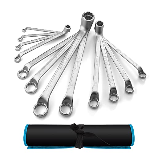 DURATECH Doppelringschlüssel-Satz, Gekröpfter Schraubenschlüssel Set, um 75 Grad abgewinkelt, DIN 838, Chrom-Vanadium-Stahl, Matt verchromt, 12-teilig, SW 6-32mm, mit Rolltasche DURATECH Doppelringschlüssel-Satz, Gekröpfter Schraubenschlüssel Set, um 75 Grad abgewinkelt, DIN 838, Chrom-Vanadium-Stahl, Matt verchromt, 12-teilig, SW 6-32mm, mit Rolltasche von DURATECH