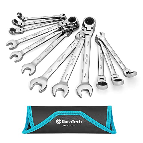 DURATECH Gelenk-Ratschenschlüssel Set, 12-teilig, 8-19 mm, Gabelschlüssel Ringmaulschlüssel Ring-Satz, mit 72 Zähnen, 5° Schwenkbereich, Chrom-Vanadium-Stahl, inkl. Rolltasche von DURATECH