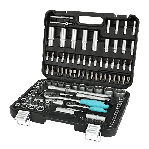 DURATECH Steckschlüsselsatz 108-teilig, Ratschenkasten Knarrenkasten Steckschlüssel Set mit 1/2” und 1/4” Umschaltknarre, Verlängerungen, Bits, Stecknüsse, Chrom-Vanadium-Stahl, inkl. Koffer von DURATECH