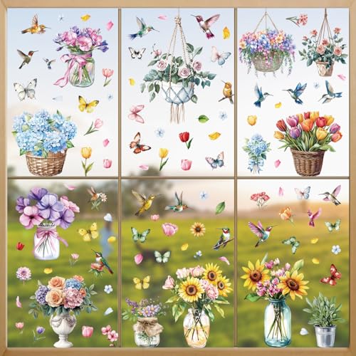 109 Stück Fensterbilder Selbstklebend Frühling Deko Aufkleber Fenstersticker mit Blumen Fensterbilder Frühling Deko Selbstklebend Vogel Blumen Aufkleber von DURINM