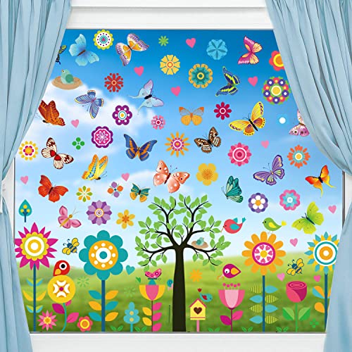 Fensterbilder Frühling Selbstklebend Fensteraufkleber Sommer DIY Pflanze Wandtattoo Vögel Baum Aquarell Blumen Fensterbild Aufkleber für Wohnzimmer Schlafzimmer Wanddeko (A) von DURINM
