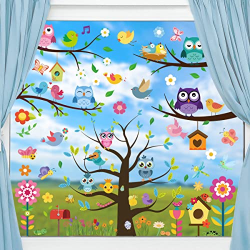 Fensterbilder Frühling Selbstklebend Fensteraufkleber Sommer DIY Pflanze Wandtattoo Vögel Baum Aquarell Blumen Fensterbild Aufkleber für Wohnzimmer Schlafzimmer Wanddeko (B) von DURINM