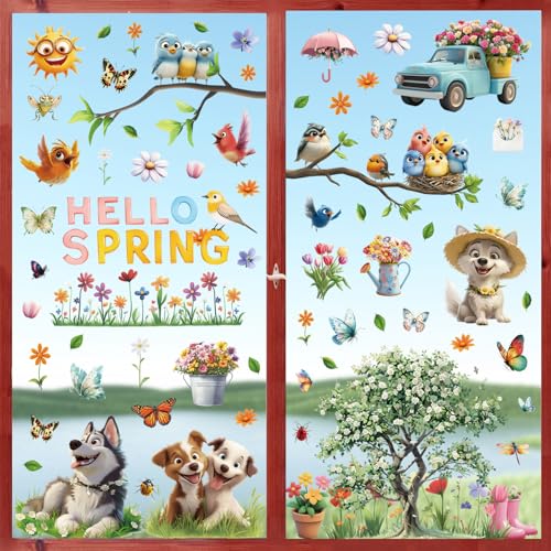 Fensterbilder Frühling selbstklebend Fensteraufkleber Vögel auf Ast Selbstklebend Frühling Deko Aufkleber Fenstersticker Fensterbilder mit Blumen Schmetterlinge von DURINM