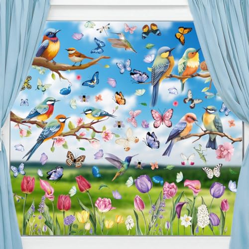 Fensterbilder Selbstklebend Fensterbilder Frühling Sommer Schmetterlinge Deko,Fensterbilder Frühling Vögel Fensterbilder Selbstklebend Blumen Schmetterlinge Fenstersticker Fenster Kinderzimmer Party von DURINM