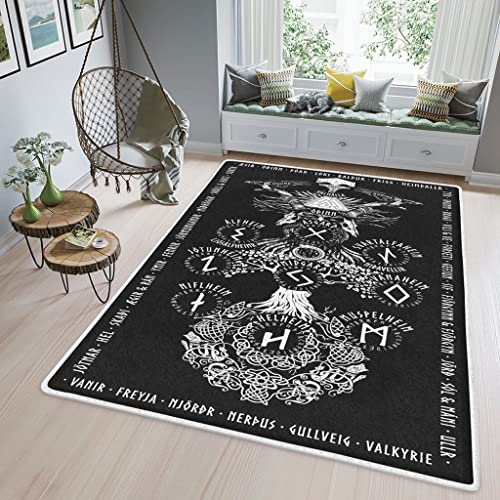 DUSALA Zimmer Schlafzimmer Wikinger Baum des Lebens Teppich, 3D-Druck Nordische Mythologie Yggdrasil Tattoo, Weicher, Gemütlicher Flanellteppich, Waschbar (Color : Black, Size : 120 x 180CM) von DUSALA