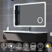 120x70cm led Badezimmerspiegel Badspiegel mit Beleuchtung Wandspiegel mit Touch, Antibeschlage, 3-Fach Lupe, Uhr, 3Farbe Dimmbar 2700-6500k, Doppelte von DUSCHPARADIES-DE