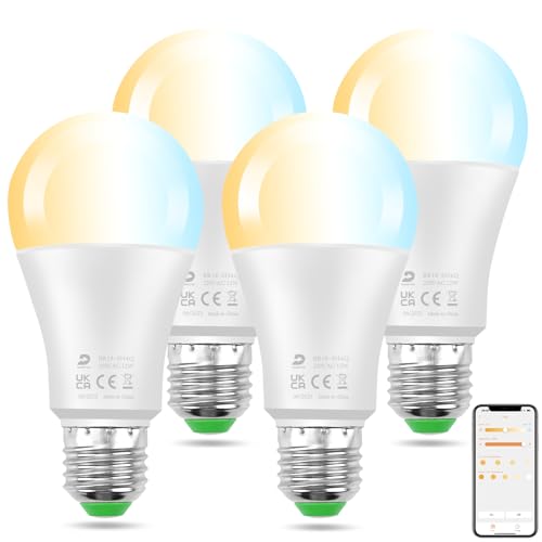 DUSKTEC Smart Glühbirne E27, Alexa LED Lampe Dimmbar per APP 2700K-6000K Warmweiss Neutralweiß Kaltweiss, LED Birnen Bluetooth 1300LM 12W, Leuchtmittel Tunable White, Intelligente Light Bulbs, 4 Stück von DUSKTEC