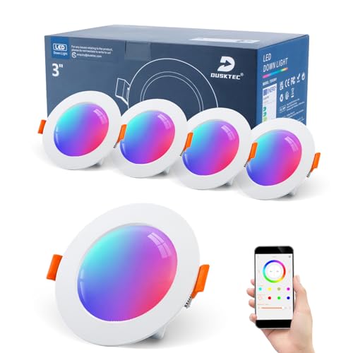 DUSKTEC LED Einbaustrahler Smart mit Alexa 230V, LED Spots RGB Weiß Flach 7W, Einbauspots Bunt 68mm Bluetooth, Deckenspots Farbwechsel mit Handy steuern Decken Spots IP44 4 Stück für Bad Schlafzimmer von DUSKTEC