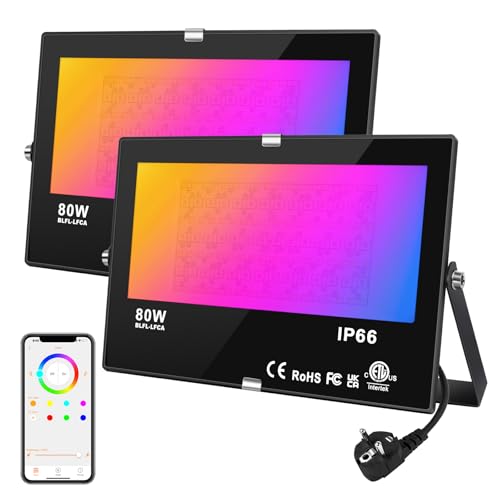 DUSKTEC LED Strahler RGB mit Stecker Dimmbar, Außenstrahler Bunt 80W 2 Stück, Outdoor LED Fluter Warmweiss 230V, Smart Flutlicht Flutlichtstrahler Bluetooth APP Steuerbar für Baum Garten Innen von DUSKTEC