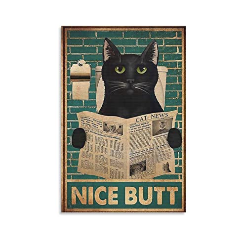 DUSUL Schwarze Katze Lesende Zeitung auf Toilette Nice Butt – Schwarze Katze Poster dekorative Malerei Leinwand Wandkunst 20 x 30 cm von DUSUL