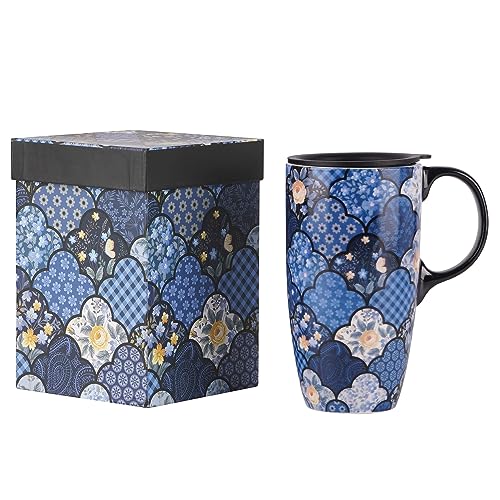 DUSVALLY Keramiktasse Kaffeetasse mit versiegeltem Deckel und Geschenkbox, Latte-Tasse mit Griff, für Zuhause und Büro, 482 ml, Blau von DUSVALLY