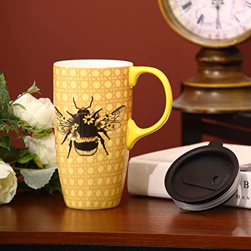 Keramik-Tasse, große Kaffeetasse, hohe Tassen, Porzellan, Latte-Teetasse mit Deckel, 482 ml, Tierbecher, Biene von DUSVALLY