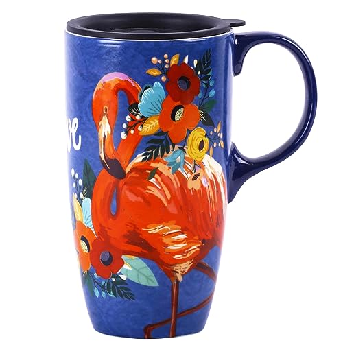 Reise-Kaffeetasse, Kaffeetassen, Keramiktasse mit Box, 482 ml, große Tasse aus Keramik mit Griff und Deckel, 482 ml, Flamingo von DUSVALLY