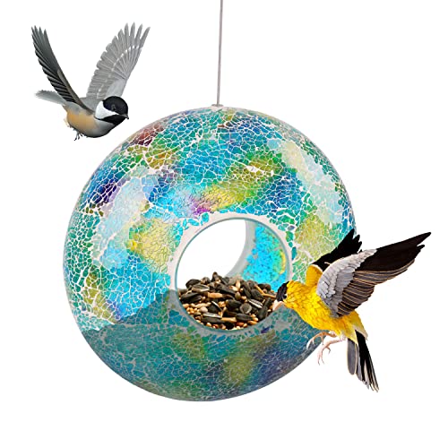 Vogelfutterstation, Wildvogel-Futterspender für draußen, hängende Vogelfutterstation, kreisförmiges Mosaik-Glas-Vogelfutterspender, 22.9 cm Kreis, grün und blau von DUSVALLY