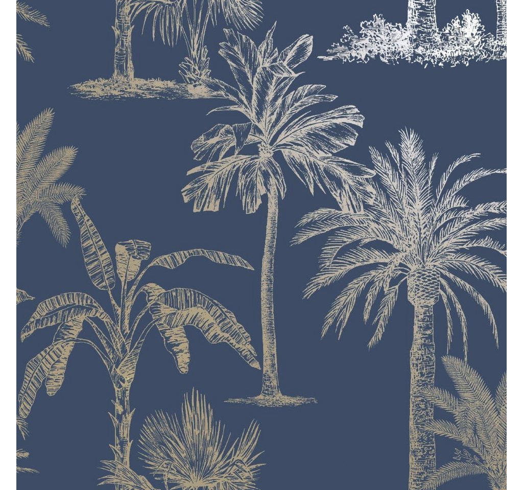 DUTCH WALLCOVERINGS Fototapete Tapete Tropische Bäume Marineblau und Silbern, (1 St) von DUTCH WALLCOVERINGS