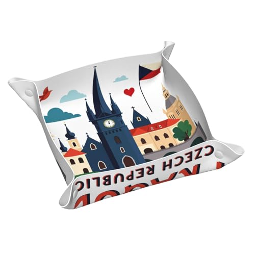 Auffangtablett aus Leder mit Prager Stadt-Illustrationsdruck, Schreibtisch-Tablett, Schmuck-Organizer, für Kleingeld, Schlüssel, Telefon, Brille von DUWAA