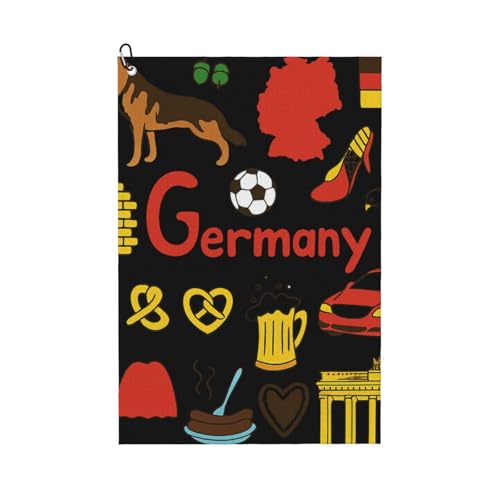 DUWAA Große Golf-Handtücher für Herren, Motiv: Deutschland-Symbole und Kulturdruck, Mikrofaser-Golf-Handtuch mit Karabiner-Clip, Küchenreinigungstücher von DUWAA