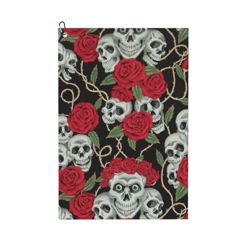 DUWAA Große Golf-Handtücher für Herren, Motiv: Totenkopf und rote Rose, Mikrofaser-Golf-Handtuch mit Karabiner-Clip, Küchenreinigungstücher von DUWAA