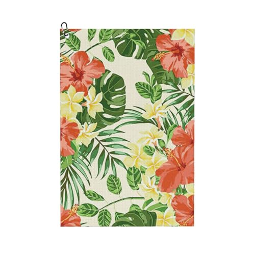 DUWAA Hojas Tropicales Y Flores Print Große Golf-Handtücher für Herren, Mikrofaser-Golf-Handtuch mit Karabiner-Clip, Küchenreinigungstücher von DUWAA
