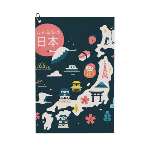 DUWAA Japan-Karte mit kulturellem Symbo-Druck, große Golf-Handtücher für Herren, Mikrofaser-Golf-Handtuch mit Karabiner-Clip, Küchenreinigungstücher von DUWAA