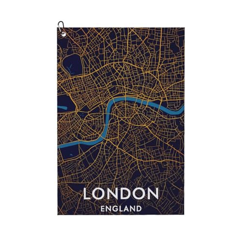 DUWAA London England City Map Print Große Golf-Handtücher für Herren, Mikrofaser-Golf-Handtuch mit Karabiner-Clip, Küchenreinigungstücher von DUWAA