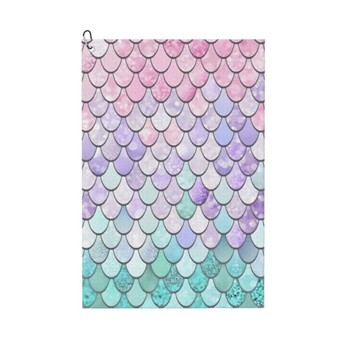 DUWAA Meerjungfrauen-Golf-Handtuch für Herren, Mikrofaser-Golf-Handtuch mit Karabiner-Clip, Pastellrosa, Lila, Aqua-Tee-Druck, große Handtücher für die Küche von DUWAA