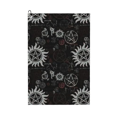 DUWAA Supernatural Symbols Große Golf-Handtücher für Herren, Mikrofaser-Golf-Handtuch mit Karabiner-Clip, Küchenreinigungstücher, Schwarz von DUWAA