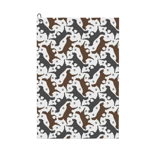 DUWAA Trotting Flat Coated Retrievers Paw Print Große Golf-Handtücher für Herren, Mikrofaser-Golf-Handtuch mit Karabiner-Clip, Küchenreinigungstücher von DUWAA