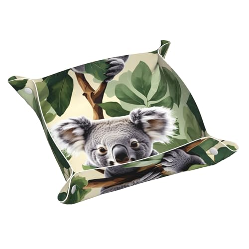 Koala-Ledertablett mit grünem Blattmuster, Kommode, Organizer, Tablett für Eingangstisch, Schmuck, Uhren, Schlüssel von DUWAA