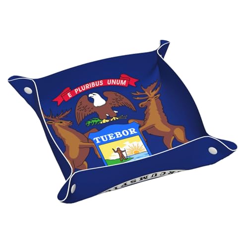 Ledertablett mit Michigan-Staatsflaggen-Druck, Kommode, Organizer, Tablett, für Eingangstisch, Schmuck, Uhren, Schlüssel von DUWAA