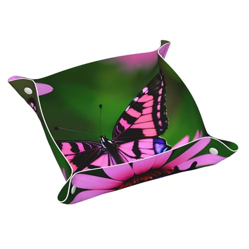 Schmucktablett aus Leder mit rosa Blumen und violettem Schmetterlings-Aufdruck, für Männer und Frauen, tragbares Reise-Fangtablett, Schreibtisch-Aufbewahrung Schmucktablett aus Leder mit rosa Blumen und violettem Schmetterlings-Aufdruck, für Männer und Frauen, tragbares Reise-Fangtablett, Schreibtisch-Aufbewahrung von DUWAA